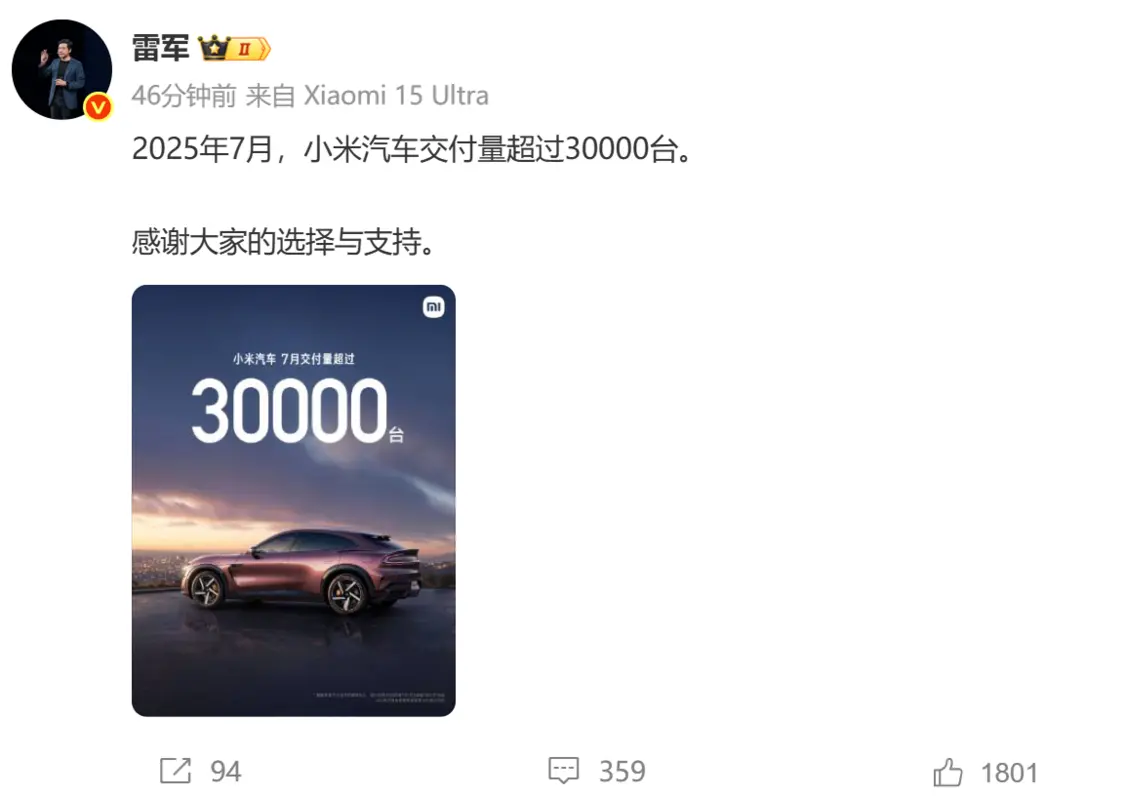 小米汽车7月交付量超3万 雷军：感谢大家的选择与支持